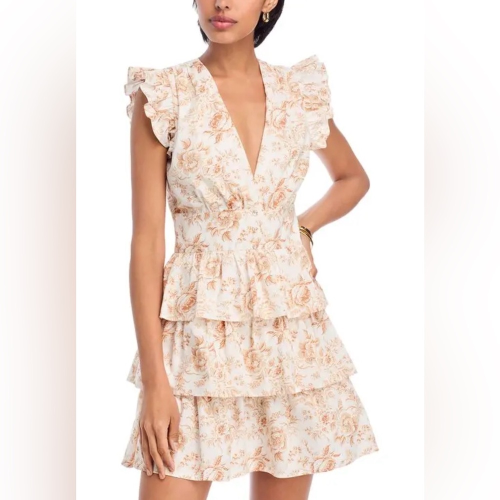 Aqua Cream Mini Dress with Peach Floral Print